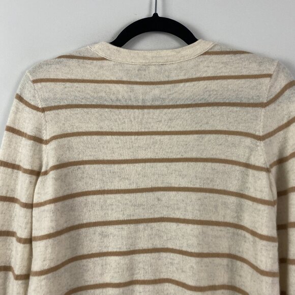 Vince 100% Cashmere Crew Neck Sweater Womens L Beige Tan Stripe Pullover Slim - Picture 7 of 10